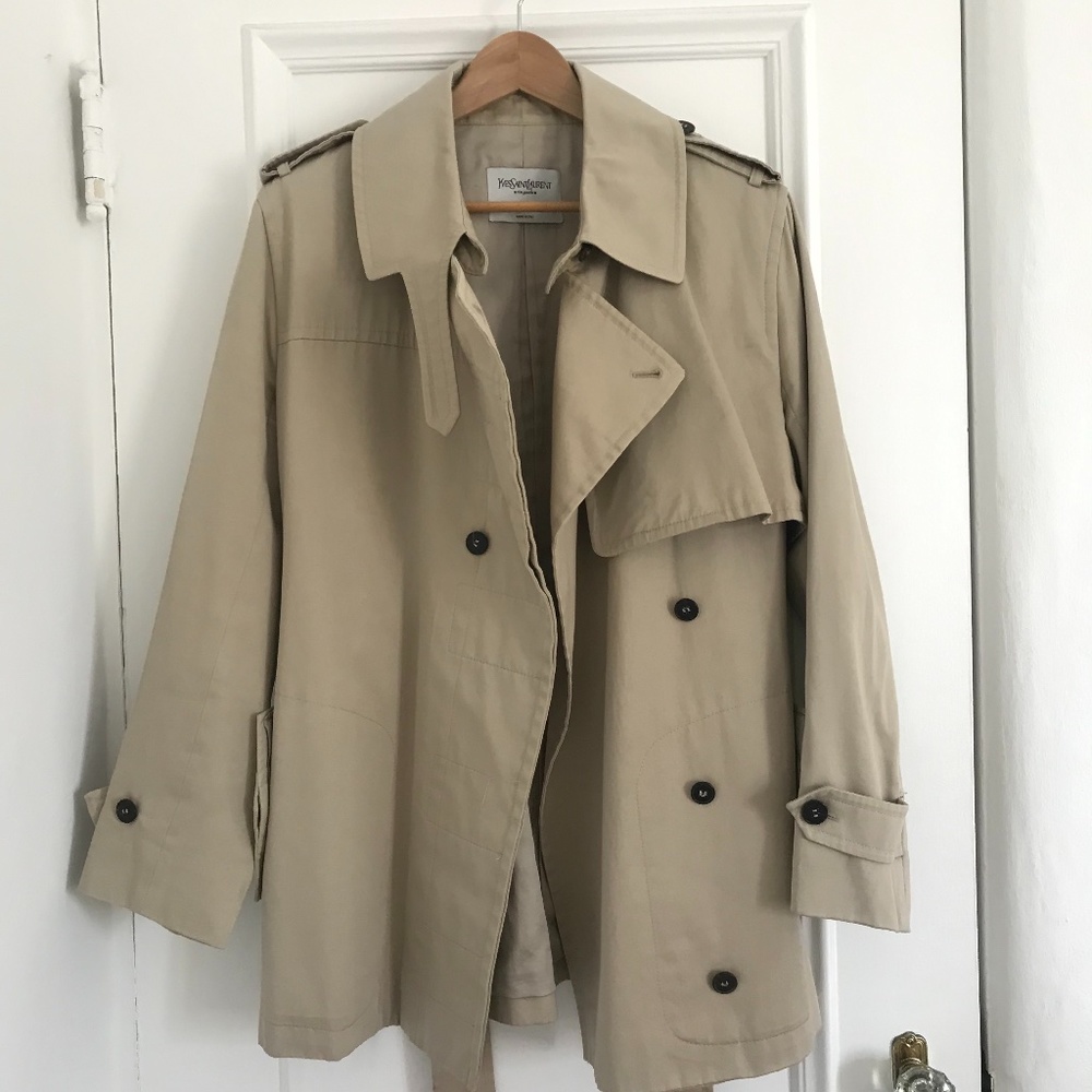 Yves Saint Laurent YSL beige tan short trench coat